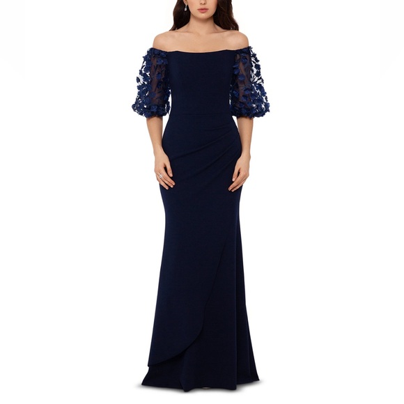 Xscape Dresses & Skirts - XSCAPE Off-The-Shoulder Balloon-Sleeve Mermaid Gown Navy